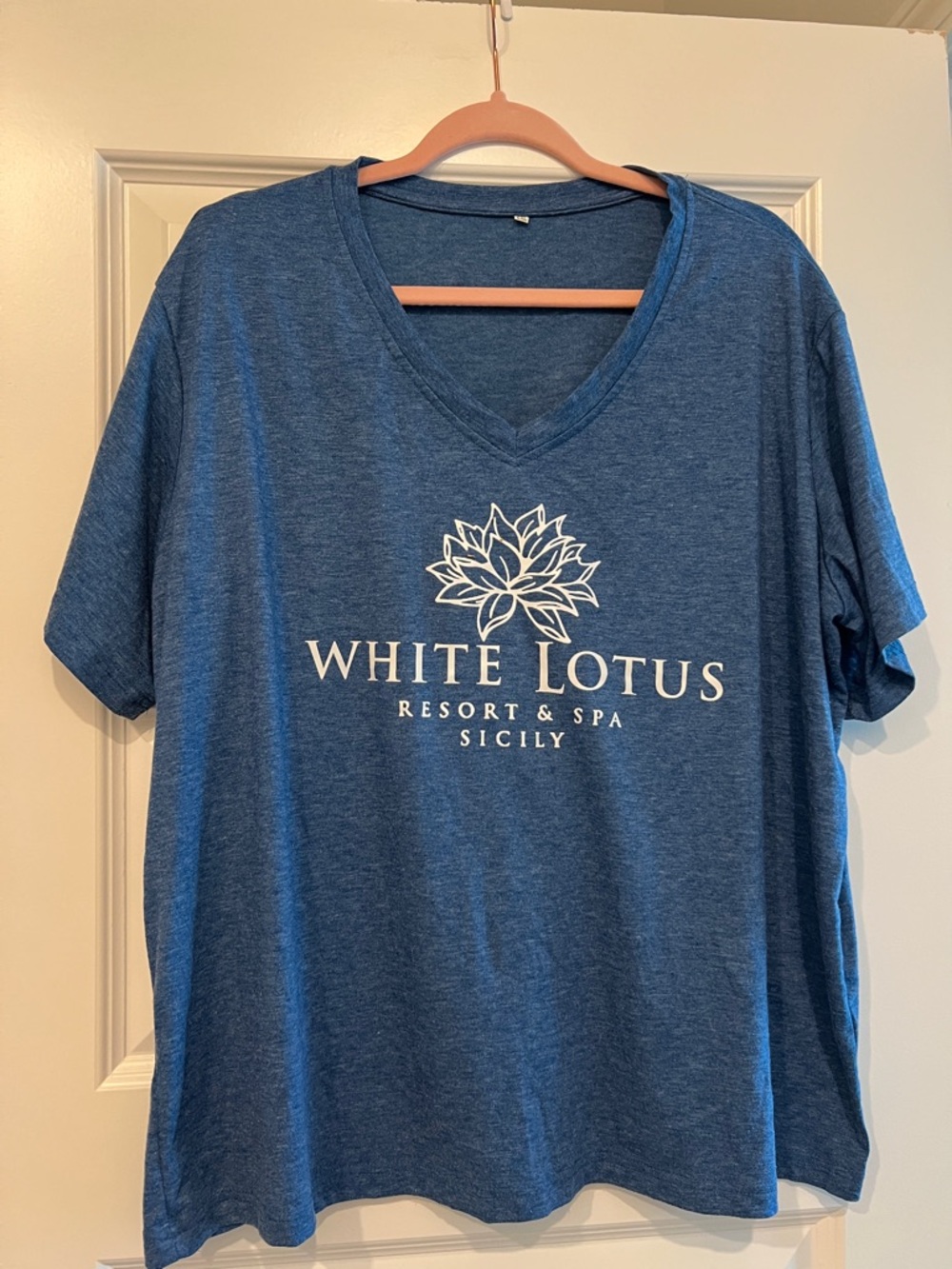 Beginning Boutique White Lotus Blue V-Neck Logo Tee